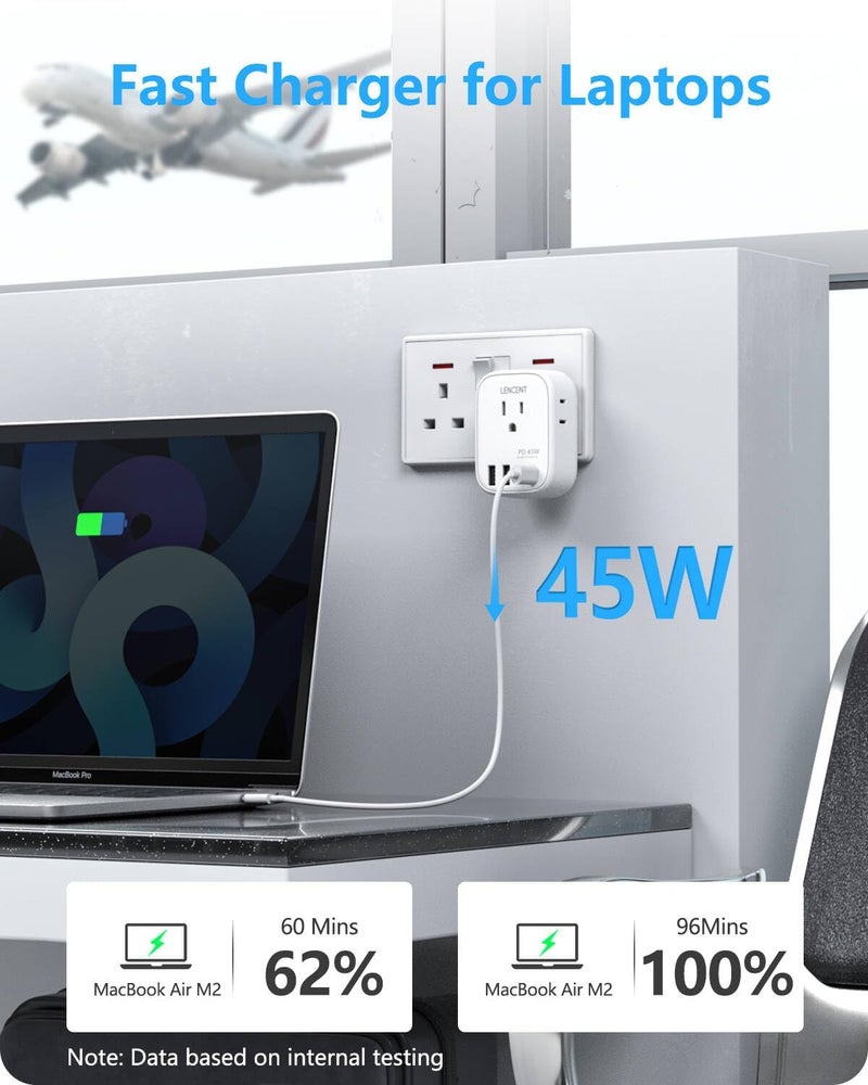 Lencent US to UK Ireland Travel Plug Adapter,PD 45W Grounded Type G Adapter for Travel with 4 Outlets 4 USB Ports (2 USB C), Power Plug for USA to Dubai Scotland British London England Hong Kong Irish - Image 4